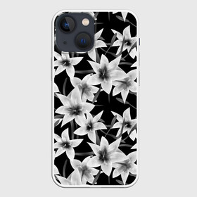 Чехол для iPhone 13 mini с принтом Лилии черно белые в Екатеринбурге,  |  | белые лилии | лето | лилии | монохромный | современный | цветочный | цветы | черный и белый