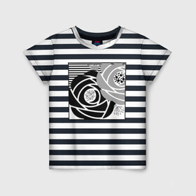 Детская футболка 3D с принтом Аппликация розы на полосатом в Екатеринбурге, 100% гипоаллергенный полиэфир | прямой крой, круглый вырез горловины, длина до линии бедер, чуть спущенное плечо, ткань немного тянется | абстрактные розы | абстрактный узор | абстракция | белый | женский | серый | современный | черно  белый | черные розы