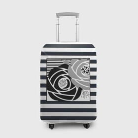 Чехол для чемодана 3D с принтом Аппликация розы на полосатом в Екатеринбурге, 86% полиэфир, 14% спандекс | двустороннее нанесение принта, прорези для ручек и колес | абстрактные розы | абстрактный узор | абстракция | белый | женский | серый | современный | черно  белый | черные розы