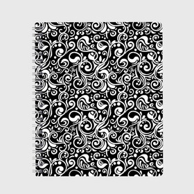 Тетрадь с принтом Черно-белая роспись в Екатеринбурге, 100% бумага | 48 листов, плотность листов — 60 г/м2, плотность картонной обложки — 250 г/м2. Листы скреплены сбоку удобной пружинной спиралью. Уголки страниц и обложки скругленные. Цвет линий — светло-серый
 | abstract | black and white | pattern | texture | абстрактный рисунок | абстракция | белый рисунок | белый узор | волнистый узор | завитки | круги | минимализм | монохром | орнамент | паттерн | роспись | текстура | узор