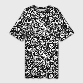 Платье-футболка 3D с принтом Черно белая роспись в Екатеринбурге,  |  | abstract | black and white | pattern | texture | абстрактный рисунок | абстракция | белый рисунок | белый узор | волнистый узор | завитки | круги | минимализм | монохром | орнамент | паттерн | роспись | текстура | узор