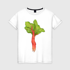 Женская футболка хлопок с принтом Ревень в Екатеринбурге, 100% хлопок | прямой крой, круглый вырез горловины, длина до линии бедер, слегка спущенное плечо | арт | зелень | красный | мило | милота | овощ | овощи | ревень | рисунок | свежие овощи | свежий овощ | свежий продукт