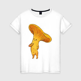 Женская футболка хлопок с принтом Лисичка в Екатеринбурге, 100% хлопок | прямой крой, круглый вырез горловины, длина до линии бедер, слегка спущенное плечо | арт | гриб | грибочек | грибы | лисичка | мило | милота | рисунок | рыжий гриб | свежие грибы | свежий гриб | свежий продукт