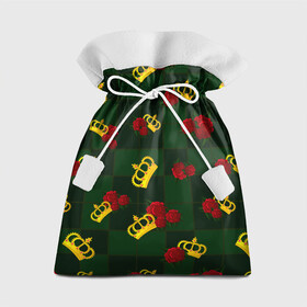 Подарочный 3D мешок с принтом Короны и розы в Екатеринбурге, 100% полиэстер | Размер: 29*39 см | зеленая клетка | золото | квадрат | королева | король | корона | красный | полосы | роза | сетка | узор | цветок | шахматная доска | шахматы
