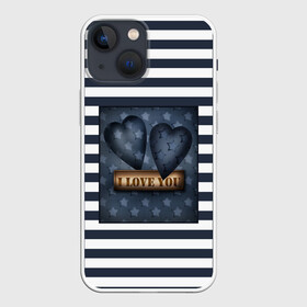 Чехол для iPhone 13 mini с принтом Я тебя люблю в Екатеринбурге,  |  | влюбленным | для любимого | любовь | полосатый узор | ретро | сердце | синий | темно синий