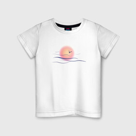 Детская футболка хлопок с принтом Солнечный шар в Екатеринбурге, 100% хлопок | круглый вырез горловины, полуприлегающий силуэт, длина до линии бедер | Тематика изображения на принте: sea | sun | закат | море | небо | птицы | солнце | чайки