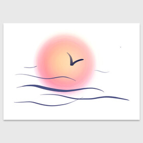 Поздравительная открытка с принтом Солнечный шар в Екатеринбурге, 100% бумага | плотность бумаги 280 г/м2, матовая, на обратной стороне линовка и место для марки
 | Тематика изображения на принте: sea | sun | закат | море | небо | птицы | солнце | чайки