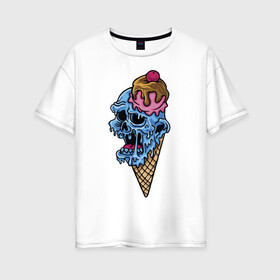 Женская футболка хлопок Oversize с принтом Horror ice cream в Екатеринбурге, 100% хлопок | свободный крой, круглый ворот, спущенный рукав, длина до линии бедер
 | fear | halloween | horror | hype | ice cream | jaw | skull | teeth | зубы | мороженое | пасть | ужас | хайп | хэллоуин | череп