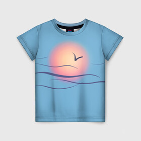 Детская футболка 3D с принтом Солнечный шар в Екатеринбурге, 100% гипоаллергенный полиэфир | прямой крой, круглый вырез горловины, длина до линии бедер, чуть спущенное плечо, ткань немного тянется | Тематика изображения на принте: sea | sun | закат | море | небо | птицы | солнце | чайки