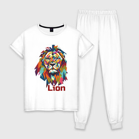 Женская пижама хлопок с принтом Lion в Екатеринбурге, 100% хлопок | брюки и футболка прямого кроя, без карманов, на брюках мягкая резинка на поясе и по низу штанин | арт | графика | животные | звери | лев | царь зверей