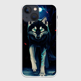 Чехол для iPhone 13 mini с принтом КРАСИВЫЙ ВОЛК в Екатеринбурге,  |  | волк | деревья | зверь | лес | листя | луна | снег | хищник