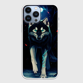 Чехол для iPhone 13 Pro Max с принтом КРАСИВЫЙ ВОЛК в Екатеринбурге,  |  | Тематика изображения на принте: волк | деревья | зверь | лес | листя | луна | снег | хищник