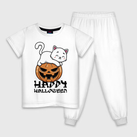 Детская пижама хлопок с принтом Kitten & Pumpkin в Екатеринбурге, 100% хлопок |  брюки и футболка прямого кроя, без карманов, на брюках мягкая резинка на поясе и по низу штанин
 | Тематика изображения на принте: cat | ears | eyes | halloween | holiday | jaw | kitten | moustache | nose | paws | pumpkin | smile | tail | teeth | глаза | зубы | кот | котёнок | кошка | лапы | нос | праздник | тыква | улыбка | усы | уши | хвост | хэллоуин