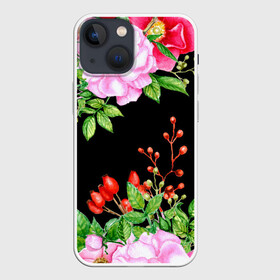 Чехол для iPhone 13 mini с принтом Цветущий шиповник на черном в Екатеринбурге,  |  | акварель | акварельный | вечерний | женственная | женственный | листья | плоды | цветочки | цветочный | цветы | черный | шиповник | ягоды