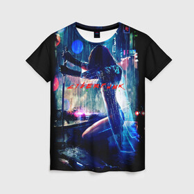 Женская футболка 3D с принтом cyberpunk девушка с катаной в Екатеринбурге, 100% полиэфир ( синтетическое хлопкоподобное полотно) | прямой крой, круглый вырез горловины, длина до линии бедер | город | девушка | дождь | катана | машины | найтсити | неон