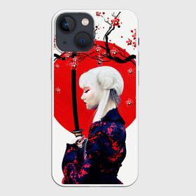 Чехол для iPhone 13 mini с принтом НАД ВЕТВЯМИ САКУРЫ в Екатеринбурге,  |  | ветви | девушка | катана | кунаичи | сакура | самурай | солнце | флаг | япония