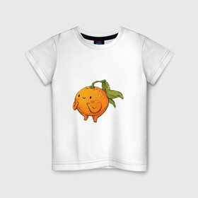 Детская футболка хлопок с принтом Мандаринчик в Екатеринбурге, 100% хлопок | круглый вырез горловины, полуприлегающий силуэт, длина до линии бедер | Тематика изображения на принте: арт | мило | милота | рисунок | свежие фрукты | свежий продукт | свежий фрукт | фрукт | фрукты