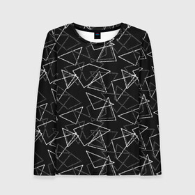 Женский лонгслив 3D с принтом Черно-белый геометрический  в Екатеринбурге, 100% полиэстер | длинные рукава, круглый вырез горловины, полуприлегающий силуэт | абстрактный | геометрические фигуры | монохромный | мужской | треугольники | черный и белый | черный фон