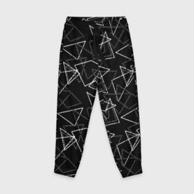 Детские брюки 3D с принтом Черно-белый геометрический  в Екатеринбурге, 100% полиэстер | манжеты по низу, эластичный пояс регулируется шнурком, по бокам два кармана без застежек, внутренняя часть кармана из мелкой сетки | абстрактный | геометрические фигуры | монохромный | мужской | треугольники | черный и белый | черный фон