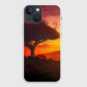 Чехол для iPhone 13 mini с принтом СОЛНЦЕ НАД АФРИКОЙ в Екатеринбурге,  |  | африка | дерево | живопись | облака | пейзаж | рассвет | рисунок | саванна