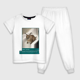 Детская пижама хлопок с принтом Шлёпа в Екатеринбурге, 100% хлопок |  брюки и футболка прямого кроя, без карманов, на брюках мягкая резинка на поясе и по низу штанин
 | каракал | кот | мемы | русский кот | рысь | шлёпа