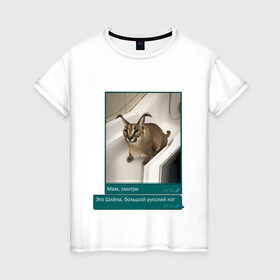 Женская футболка хлопок с принтом Шлёпа в Екатеринбурге, 100% хлопок | прямой крой, круглый вырез горловины, длина до линии бедер, слегка спущенное плечо | каракал | кот | мемы | русский кот | рысь | шлёпа