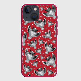 Чехол для iPhone 13 mini с принтом Серебряные совы в Екатеринбурге,  |  | красное с серым | птицы | серебро | совы | талисман | украшение