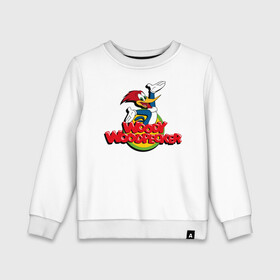 Детский свитшот хлопок с принтом Дятел Вуди лого в Екатеринбурге, 100% хлопок | круглый вырез горловины, эластичные манжеты, пояс и воротник | animals | cartoon | character | head | laughter | logo | woody woodpecker | дятел вуди | животные | лого | мультики | персонаж | смех