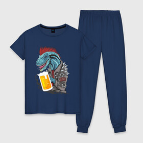 Женская пижама хлопок с принтом Пиво - Панко - Завр в Екатеринбурге, 100% хлопок | брюки и футболка прямого кроя, без карманов, на брюках мягкая резинка на поясе и по низу штанин | dinosaur | pivo | pivozavr | динозавр | прикол