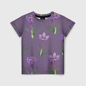 Детская футболка 3D с принтом Цветы шафрана на фиолетовом в Екатеринбурге, 100% гипоаллергенный полиэфир | прямой крой, круглый вырез горловины, длина до линии бедер, чуть спущенное плечо, ткань немного тянется | 8 марта | flowers | march 8 | spring | ботаническая иллюстрация | весна | день рождения | зеленый | лето | любовь | праздник | принт | природа | растения | фиолетовый | цветы | шафран