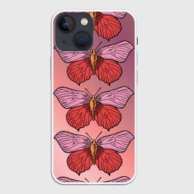 Чехол для iPhone 13 mini с принтом Розовый принт с бабочками в Екатеринбурге,  |  | бабочки | градиент | грустый | меланхолия | мотылек | насекомые | розовый | цветочки