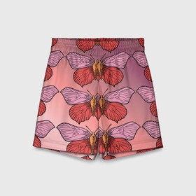 Детские спортивные шорты 3D с принтом Розовый принт с бабочками  в Екатеринбурге,  100% полиэстер
 | пояс оформлен широкой мягкой резинкой, ткань тянется
 | Тематика изображения на принте: бабочки | градиент | грустый | меланхолия | мотылек | насекомые | розовый | цветочки