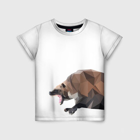 Детская футболка 3D с принтом Росомаха в Екатеринбурге, 100% гипоаллергенный полиэфир | прямой крой, круглый вырез горловины, длина до линии бедер, чуть спущенное плечо, ткань немного тянется | Тематика изображения на принте: животное | зверь | злость | куница | медведь | милое животное | полигональный | росомаха | собака