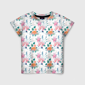 Детская футболка 3D с принтом Журавли и хризантемы в Екатеринбурге, 100% гипоаллергенный полиэфир | прямой крой, круглый вырез горловины, длина до линии бедер, чуть спущенное плечо, ткань немного тянется | журавли | паттерн | хризантемы | цапля | цветы