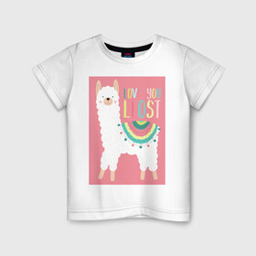 Детская футболка хлопок с принтом Милашка лама в Екатеринбурге, 100% хлопок | круглый вырез горловины, полуприлегающий силуэт, длина до линии бедер | Тематика изображения на принте: kawaii | pink | домашние животные | звери | лама | мило | надпись | пончо | радуга | розовый | румяна | ферма | фермерские животные