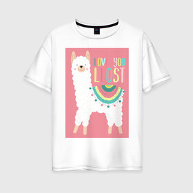 Женская футболка хлопок Oversize с принтом Милашка лама в Екатеринбурге, 100% хлопок | свободный крой, круглый ворот, спущенный рукав, длина до линии бедер
 | kawaii | pink | домашние животные | звери | лама | мило | надпись | пончо | радуга | розовый | румяна | ферма | фермерские животные