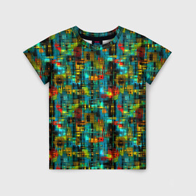 Детская футболка 3D с принтом Разноцветные штрихи на бирюзе в Екатеринбурге, 100% гипоаллергенный полиэфир | прямой крой, круглый вырез горловины, длина до линии бедер, чуть спущенное плечо, ткань немного тянется | абстрактный | бирюзовый | вкрапления | детский | красный | модный | молодежный | штрихи