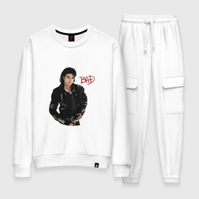 Женский костюм хлопок с принтом BAD. Майкл Джексон в Екатеринбурге, 100% хлопок | на свитшоте круглая горловина, мягкая резинка по низу. Брюки заужены к низу, на них два вида карманов: два 