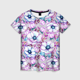 Женская футболка 3D с принтом Анемоны - цветочный ковер в Екатеринбурге, 100% полиэфир ( синтетическое хлопкоподобное полотно) | прямой крой, круглый вырез горловины, длина до линии бедер | акварель | акварельный | анемон | анемоны | ковер | листья | сиреневый | цветочки | цветочный | цветы