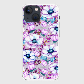 Чехол для iPhone 13 mini с принтом Анемоны   цветочный ковер в Екатеринбурге,  |  | акварель | акварельный | анемон | анемоны | ковер | листья | сиреневый | цветочки | цветочный | цветы