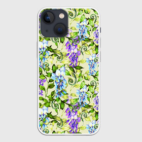 Чехол для iPhone 13 mini с принтом Глициния на бежевом фоне в Екатеринбурге,  |  | акварель | акварельный | беж | бежевый | глициния | женственная | женственный | листва | листья | сад | цветочки | цветочный | цветы