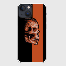 Чехол для iPhone 13 mini с принтом Череп в Екатеринбурге,  |  | Тематика изображения на принте: готика | готический стиль | готический череп | мертвец | нежить | нечисть | оранжевая полоса | черный фон