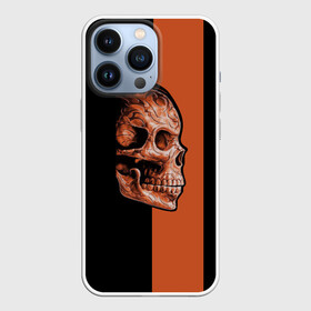 Чехол для iPhone 13 Pro с принтом Череп в Екатеринбурге,  |  | Тематика изображения на принте: готика | готический стиль | готический череп | мертвец | нежить | нечисть | оранжевая полоса | черный фон