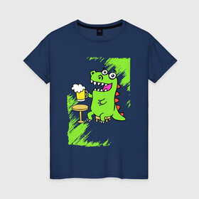 Женская футболка хлопок с принтом Пивозавр - Краска в Екатеринбурге, 100% хлопок | прямой крой, круглый вырез горловины, длина до линии бедер, слегка спущенное плечо | Тематика изображения на принте: dinosaur | pivo | pivozavr | динозавр | краска | прикол