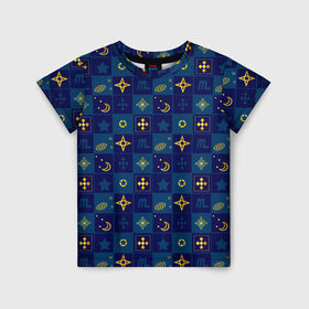 Детская футболка 3D с принтом Синий клетчатый узор-плед в Екатеринбурге, 100% гипоаллергенный полиэфир | прямой крой, круглый вырез горловины, длина до линии бедер, чуть спущенное плечо, ткань немного тянется | Тематика изображения на принте: детский | звезды | космический | луна | ночь | пижамный | синий | синий и желтый