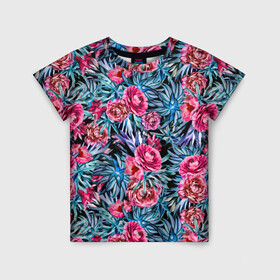 Детская футболка 3D с принтом Тропические цветы  в Екатеринбурге, 100% гипоаллергенный полиэфир | прямой крой, круглый вырез горловины, длина до линии бедер, чуть спущенное плечо, ткань немного тянется | летний | розовый | синий | тропический узор | цветочный узор | цветы | экзотические цветы