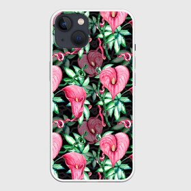 Чехол для iPhone 13 с принтом Цветы в райском саду в Екатеринбурге,  |  | вечерний | джунгли | калла | каллы | лианы | листва | листья | праздничный | райский | сад | темный | цветочки | цветочный | цветы