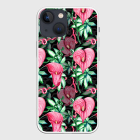 Чехол для iPhone 13 mini с принтом Цветы в райском саду в Екатеринбурге,  |  | вечерний | джунгли | калла | каллы | лианы | листва | листья | праздничный | райский | сад | темный | цветочки | цветочный | цветы