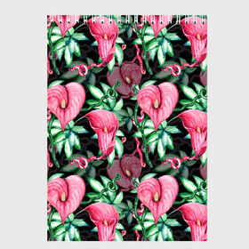 Скетчбук с принтом Цветы в райском саду в Екатеринбурге, 100% бумага
 | 48 листов, плотность листов — 100 г/м2, плотность картонной обложки — 250 г/м2. Листы скреплены сверху удобной пружинной спиралью | вечерний | джунгли | калла | каллы | лианы | листва | листья | праздничный | райский | сад | темный | цветочки | цветочный | цветы