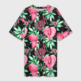 Платье-футболка 3D с принтом Цветы в райском саду в Екатеринбурге,  |  | вечерний | джунгли | калла | каллы | лианы | листва | листья | праздничный | райский | сад | темный | цветочки | цветочный | цветы